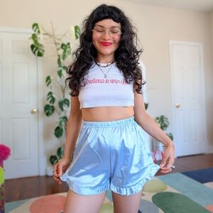 Light Blue Satin Ruffle Hem Lounge Shorts